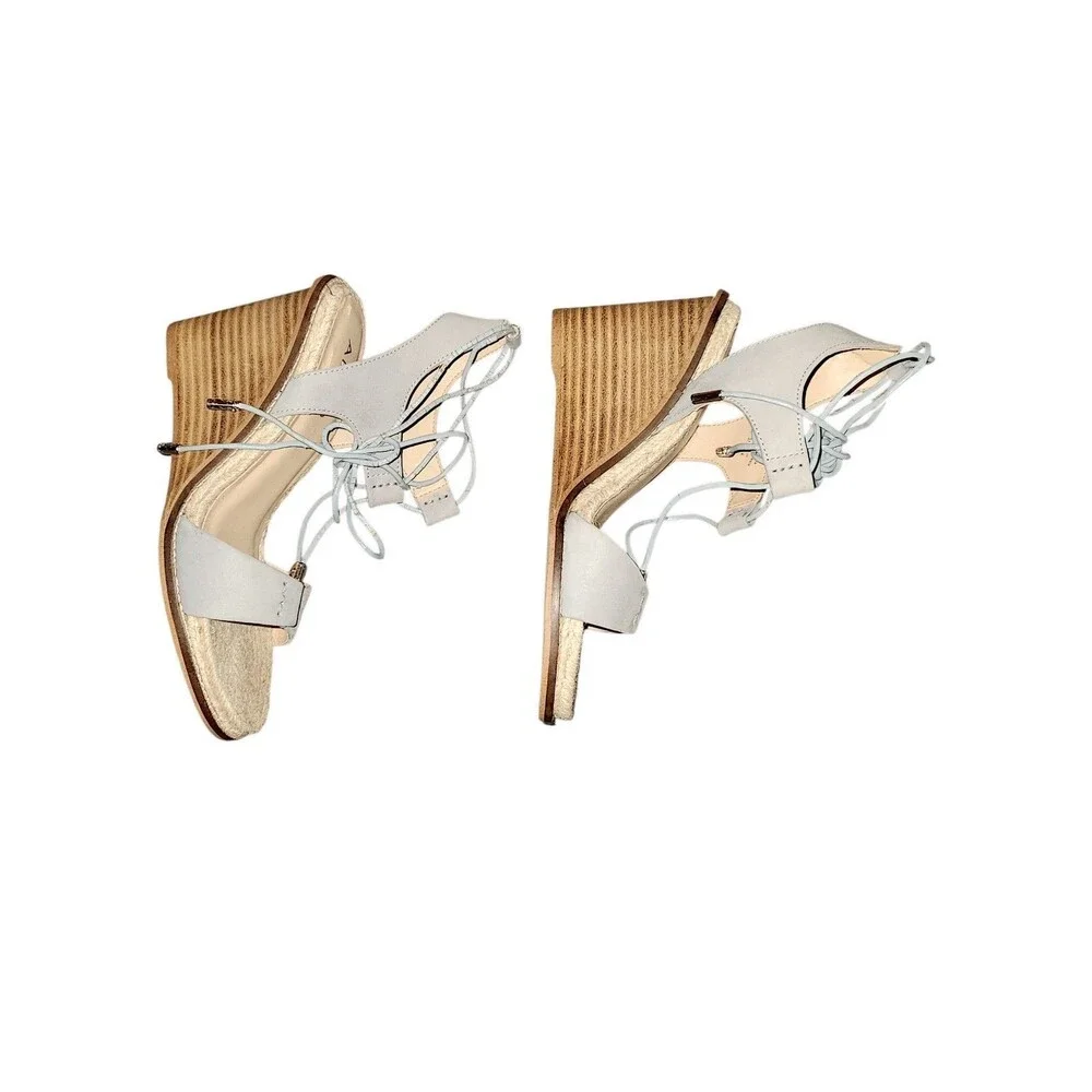 ALDO Terisa Wedge Light Blue Leather Wood Heel Boho Lace Up Sandal Sz 6.5